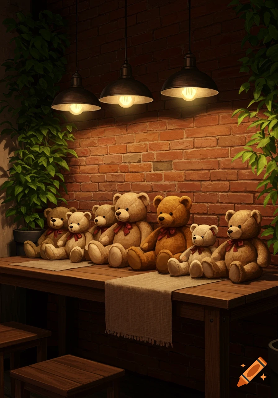 Six teddy bears sitting on a wooden table against a brick wall, illuminated by three hanging lights and surrounded by plants.