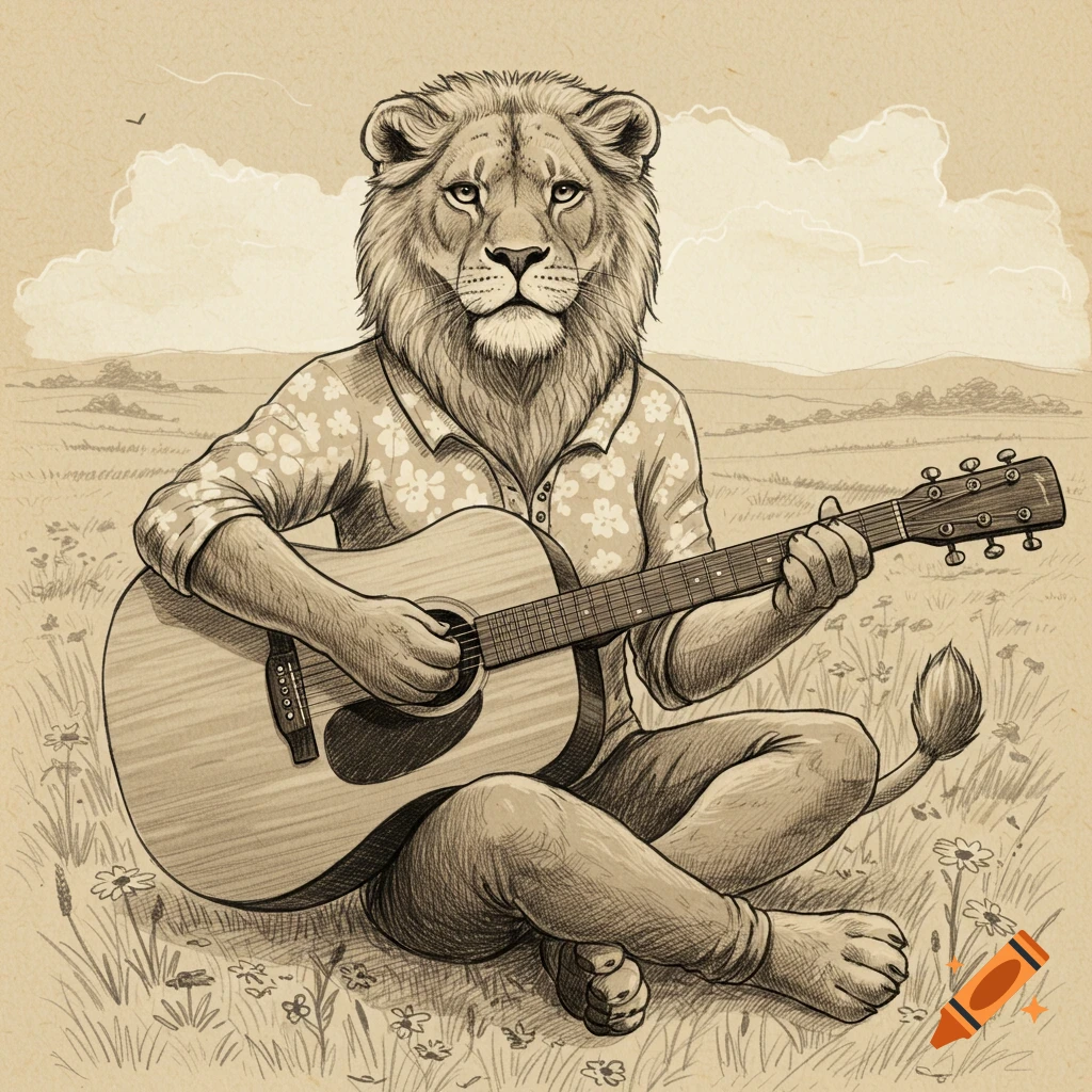 A vintage style sepia drawing of an anthropomorphic lion with a mane, wearing a floral shirt, sitting in a grassy field and playing an acoustic guitar.