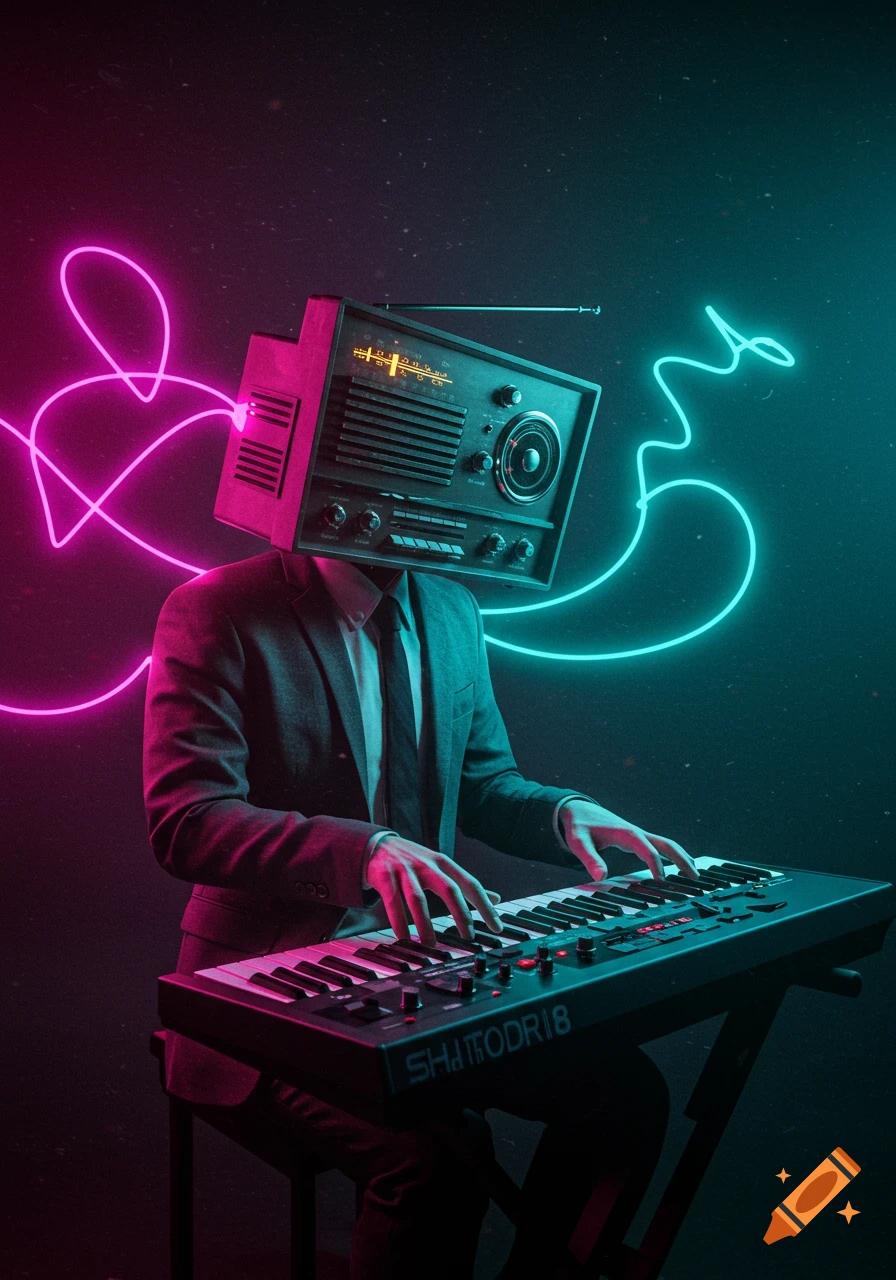 A man with a vintage radio for a head plays a keyboard in a dark room illuminated by swirling pink and blue neon lights, surreal art style.