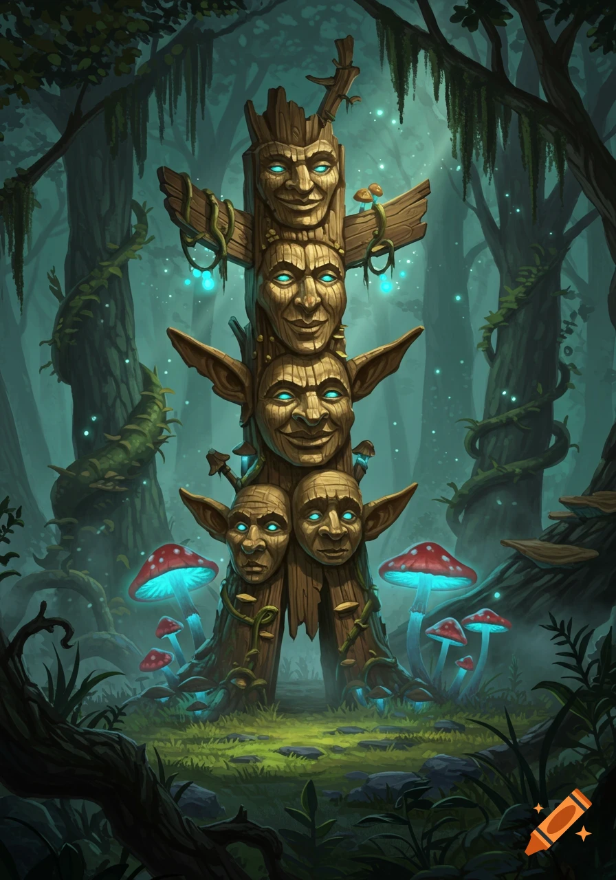 A wooden totem pole with goblin-like faces and glowing eyes stands in a mystical, dark forest with glowing red mushrooms, fantasy art style.