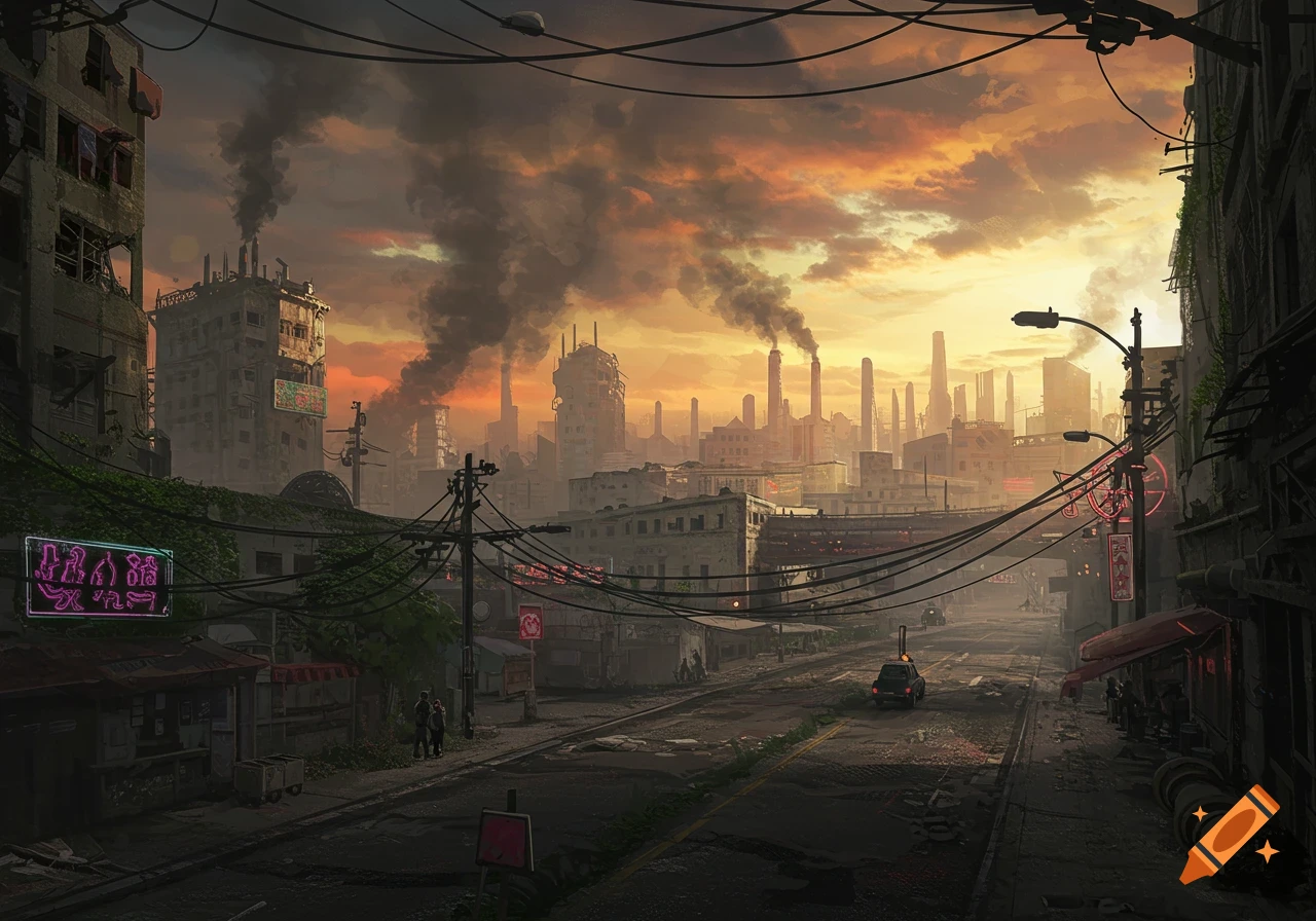 A dark, polluted cityscape at sunset with industrial factories emitting smoke, decaying buildings, and cluttered streets.