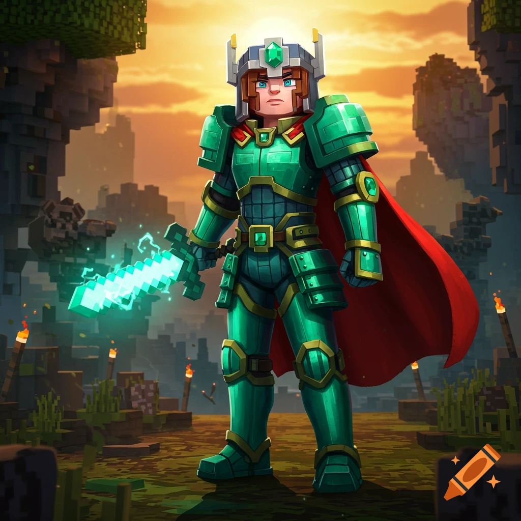 A blocky knight in green armor and a red cape holds a glowing blue sword in a pixelated fantasy landscape at sunset.