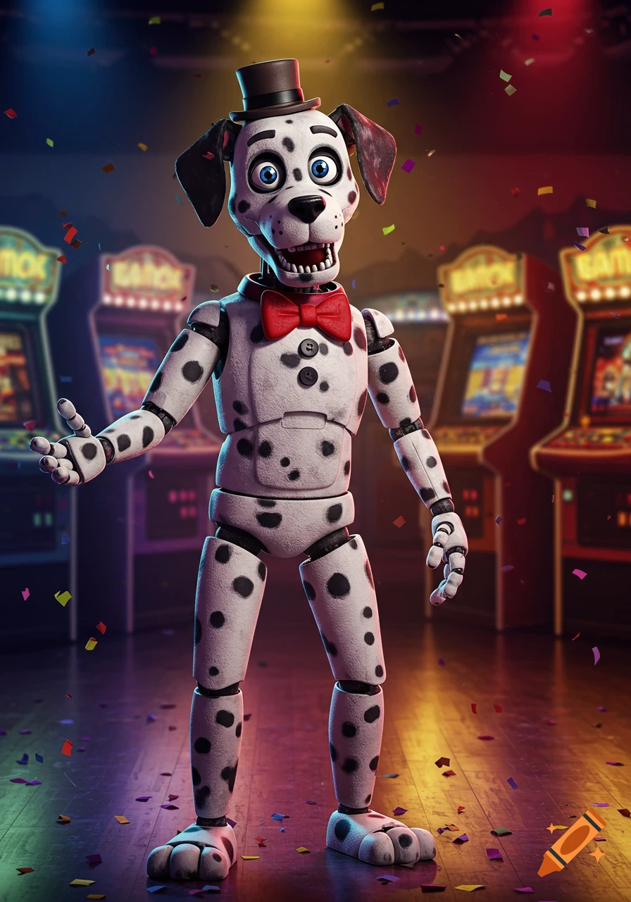 A dalmatian animatronic wearing a top hat and red bow tie stands in a colorful arcade with confetti on the floor.