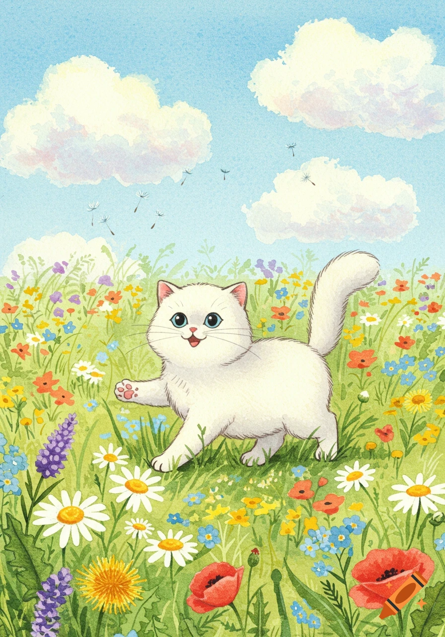 Cute white cat frolicking in a field of colorful wildflowers under a blue sky, watercolor style.