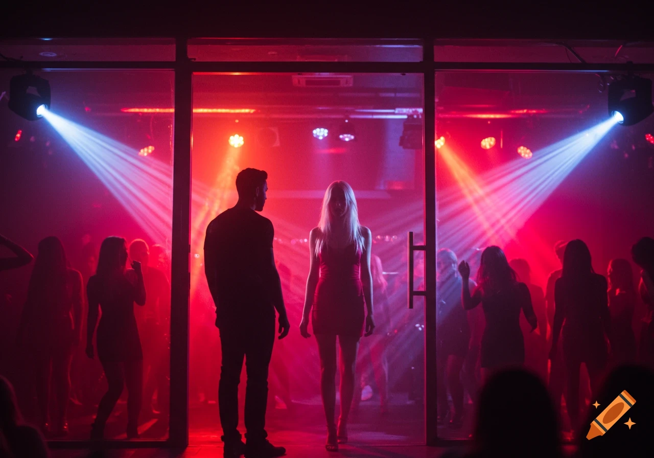 Man looking at a blonde woman in a red dress under dramatic red and blue lights in a busy nightclub.