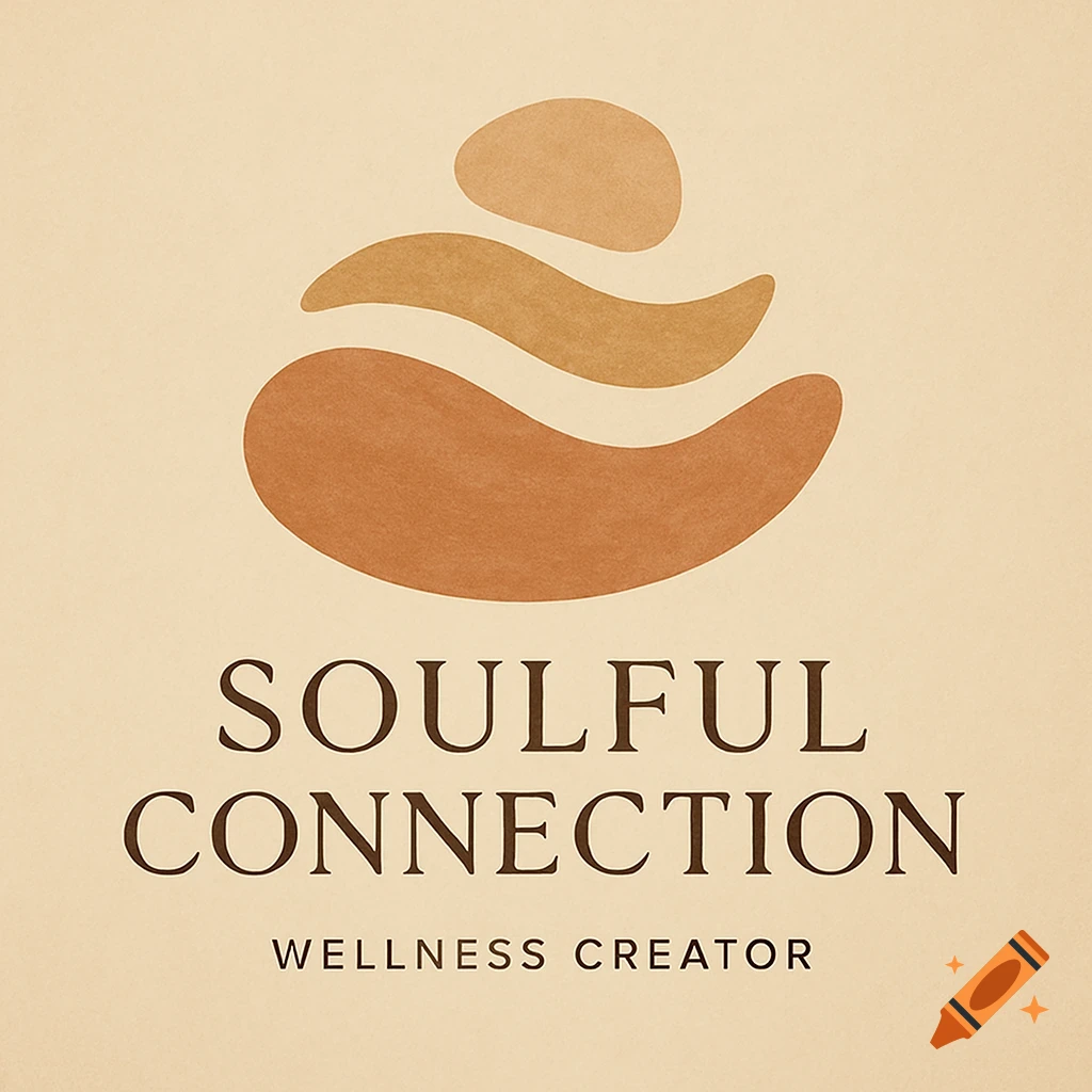 A minimalist logo with three stacked organic shapes in warm brown and beige, with text 'SOULFUL CONNECTION WELLNESS CREATOR'.