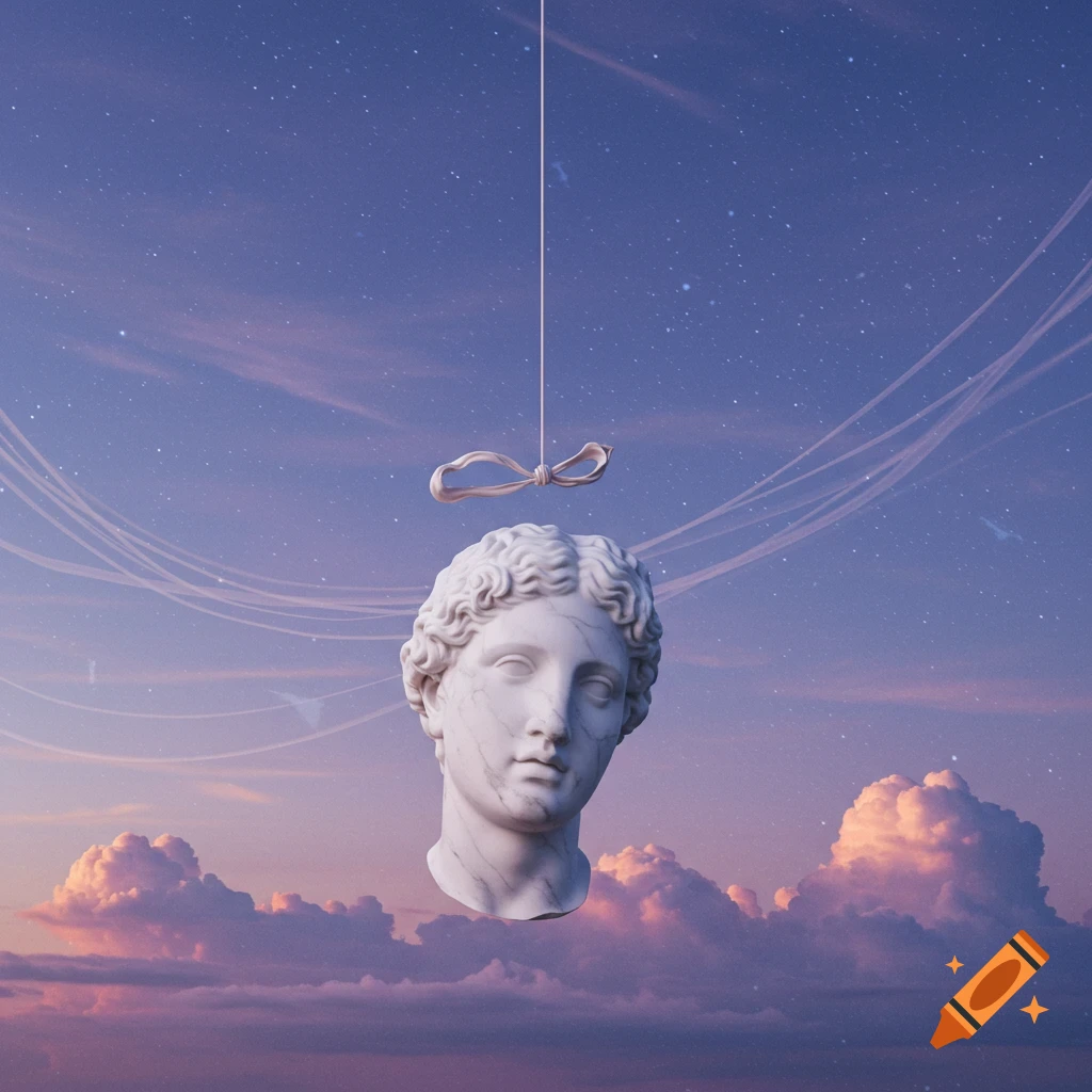 A surreal image of a classical marble bust of a head suspended by a thread in a dreamy purple and pink cloud-filled starry sky.