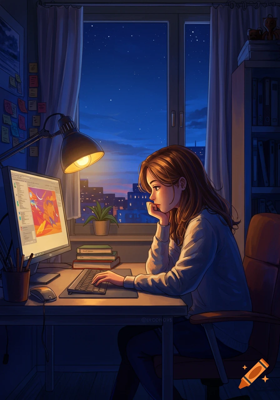 Anime-style illustration of a girl studying at a computer desk at night, with city lights visible outside the window.