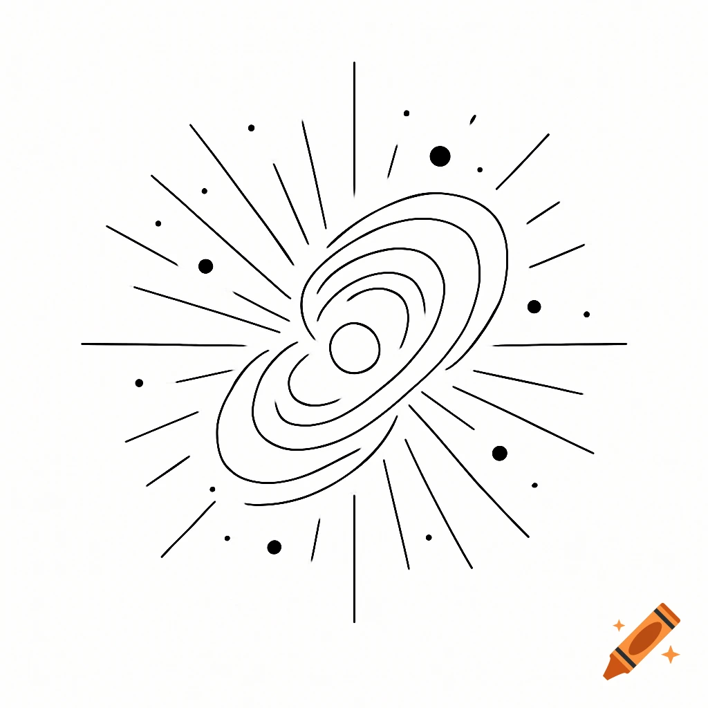 Minimalist black and white line art depicting a stylized galaxy or cosmic explosion with radiating lines and dots.