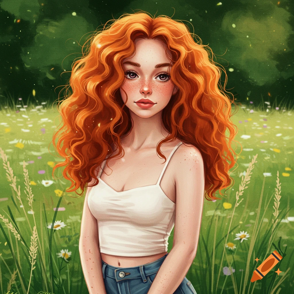 Stylized illustration of a red-haired woman with freckles, in a white top and jeans, standing in a sunny field with wildflowers.