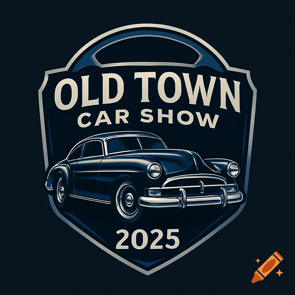 Blue and white shield logo for Old Town Car Show 2025 featuring a vintage dark blue car.