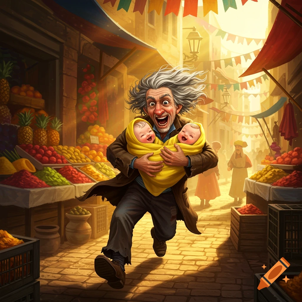A cartoonish, wild-haired old man with a crazed grin runs through a vibrant market, clutching two smiling babies in yellow blankets.