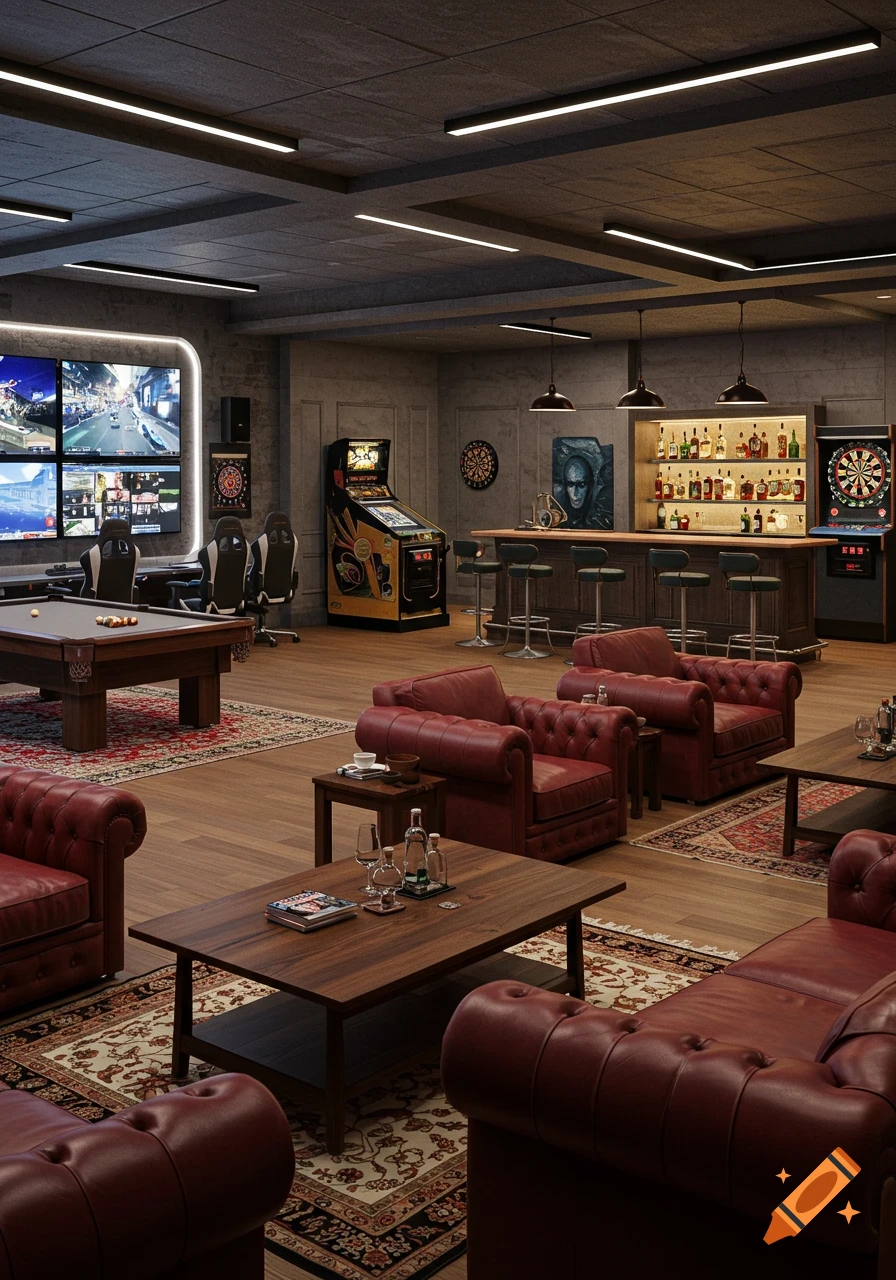 A luxurious game room with a pool table, multiple screens, arcade machines, a fully stocked bar, and comfortable red leather couches.