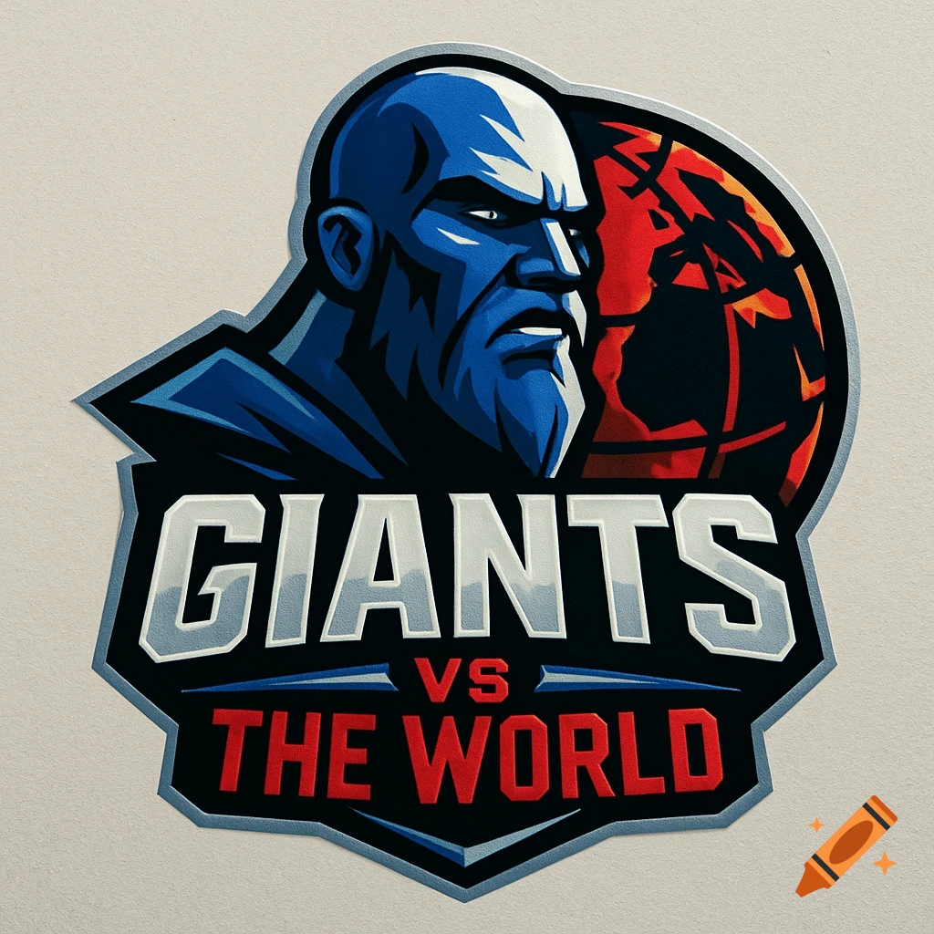 A stylized sports logo featuring a blue-skinned man and a red globe, with the text 'GIANTS VS THE WORLD'.