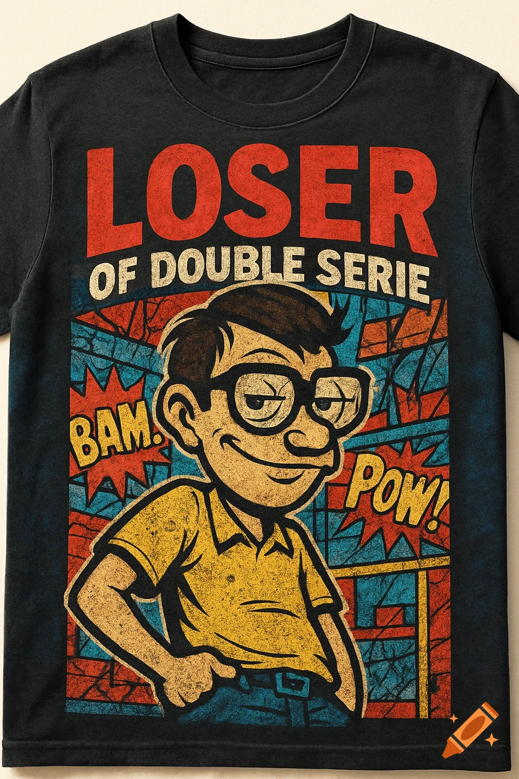 A black t-shirt with a vintage comic book illustration of a smiling man wearing glasses. Text reads 'LOSER OF DOUBLE SERIE', 'BAM!', 'POW!'.