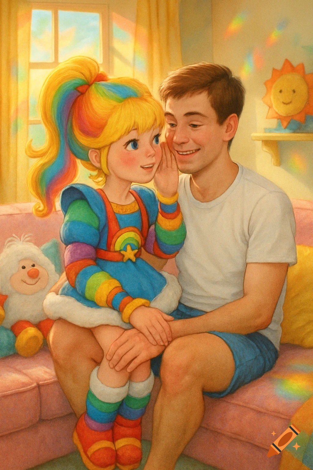 A colorful Rainbow Brite character with rainbow hair sits on a man's lap, whispering in his ear in a bright, sunny room.