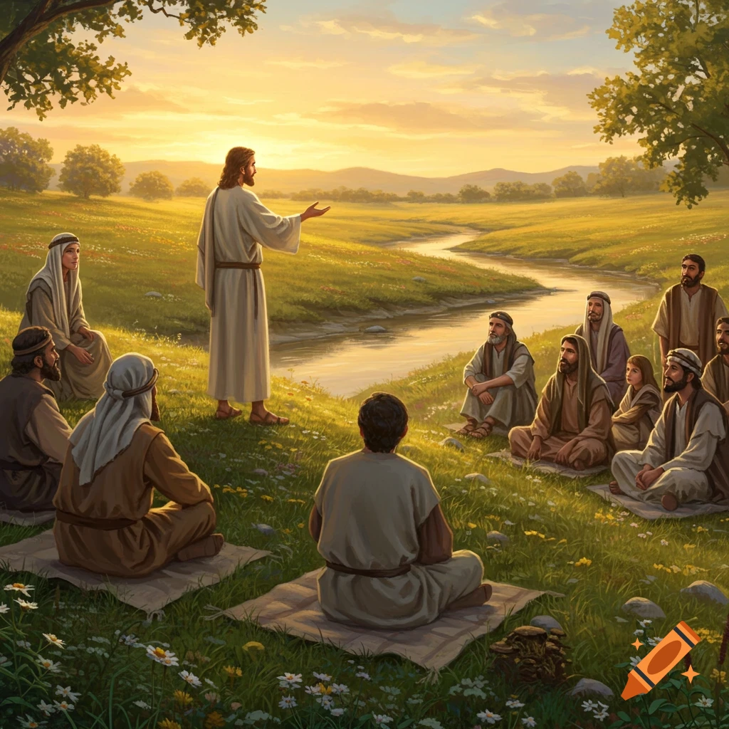 Jesus teaches a group of followers on a grassy hillside next to a winding river at sunset.