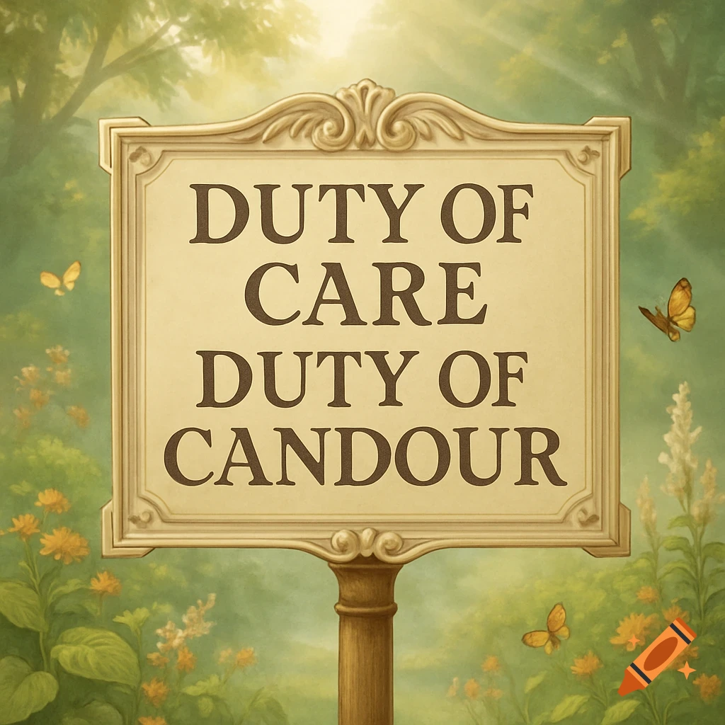 A decorative wooden sign in a lush, sunlit forest with butterflies, displaying the text 'DUTY OF CARE DUTY OF CANDOUR'.