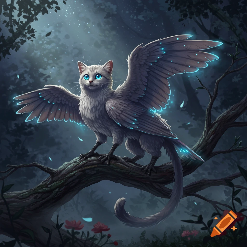 A white winged cat with glowing blue eyes and wing tips perches on a tree branch in a dark, magical forest.