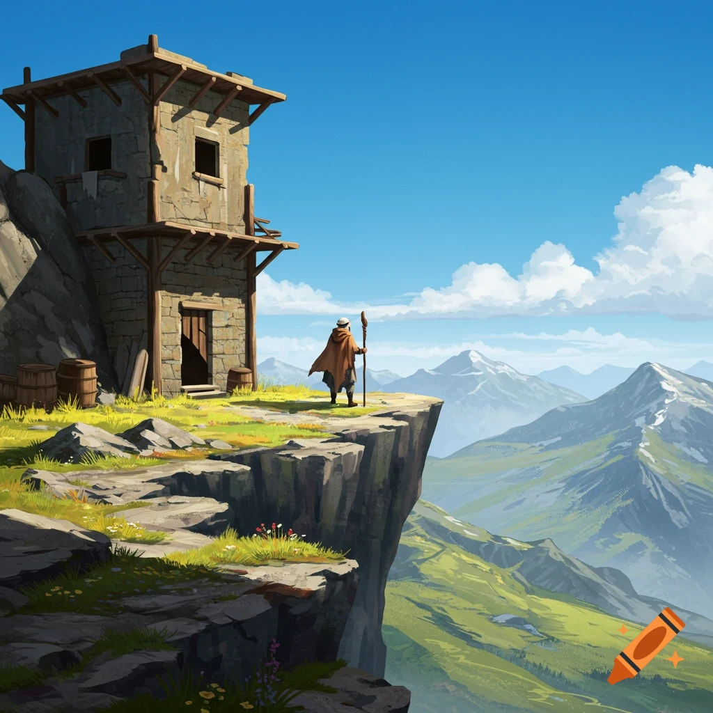 A robed figure stands on a cliff edge next to a stone outpost, looking out at a vast mountainous landscape under a blue sky.