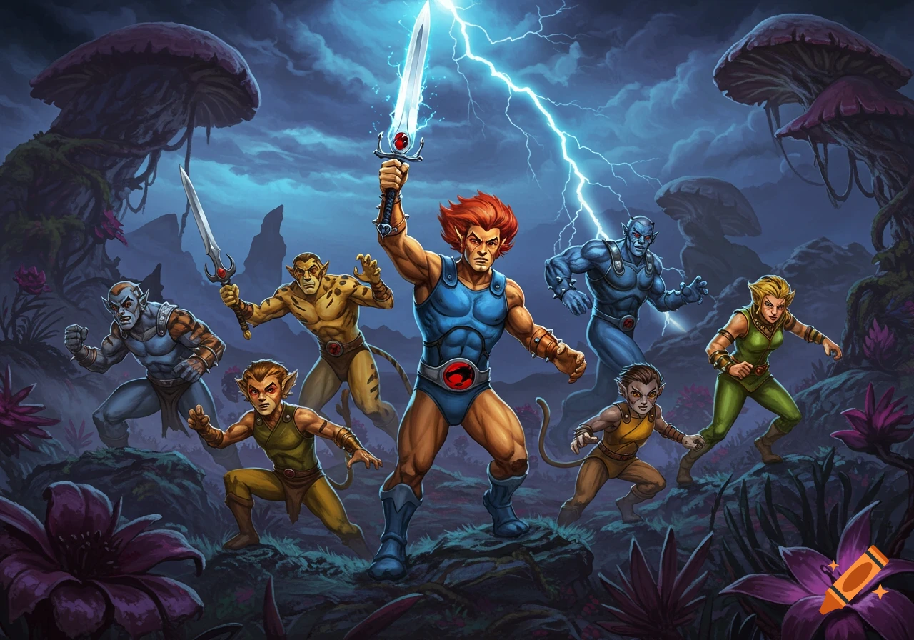 The ThunderCats team, including Lion-O with the glowing Sword of Omens, stands in a stormy, fantasy jungle.