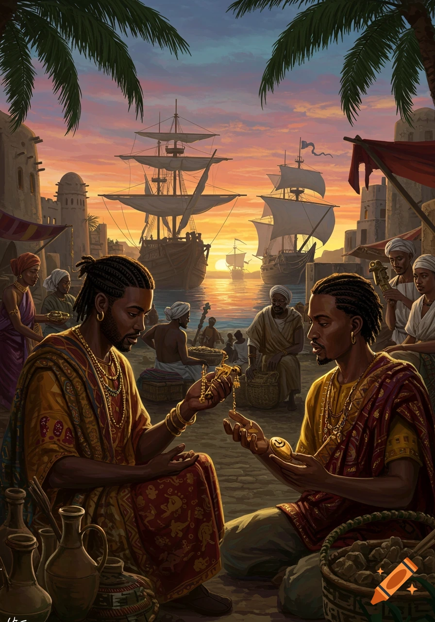 Two men in traditional West African attire trade gold items in a bustling port city with sailing ships at sunset. Detailed illustration.