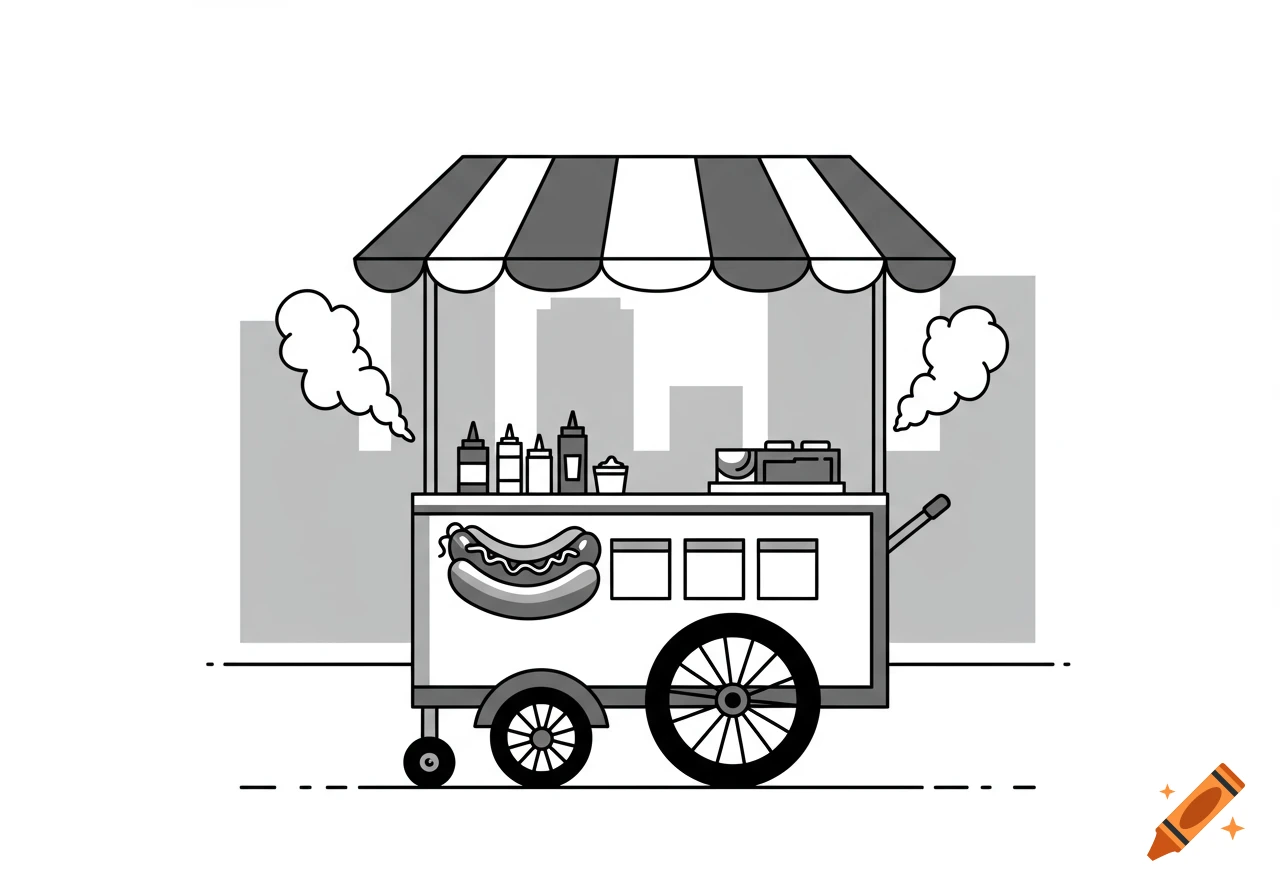 Black and white clip art illustration of a hot dog cart with a striped awning, condiments, and steam, set against a city skyline.