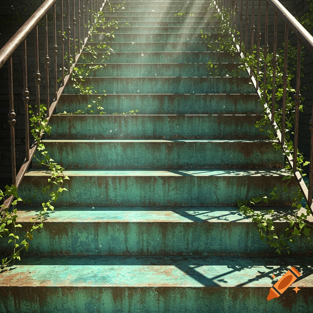 Weathered teal stairs with rusty railings and green vines, bathed in ethereal light.