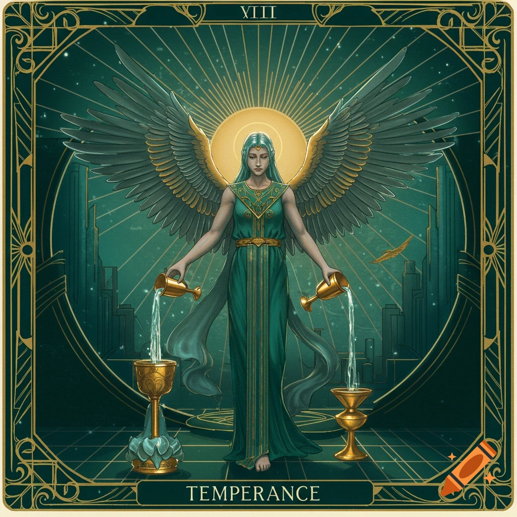 An Art Deco style Temperance tarot card featuring a winged figure in a green gown pouring water between two chalices, with cityscapes in the background, all framed in gold.