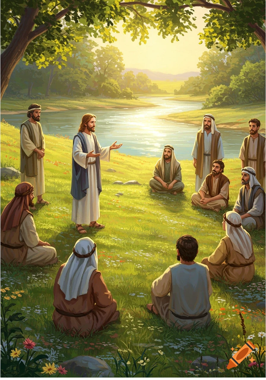 Illustrated scene of Jesus teaching men by a flowing river in a sunny, green landscape with trees.