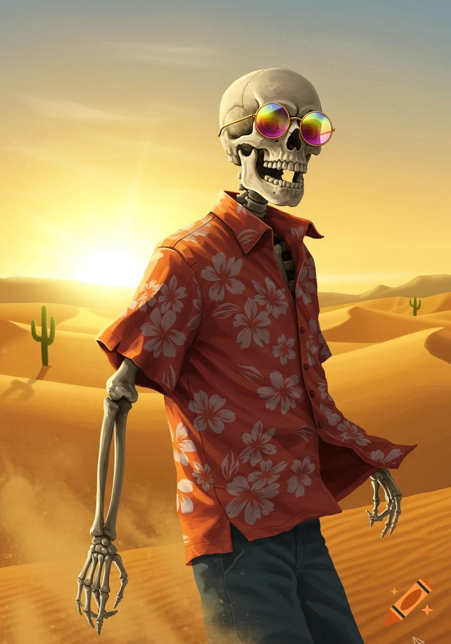 A stylized skeleton in a red Hawaiian shirt and rainbow sunglasses stands in a sunny desert with cacti and sand dunes.