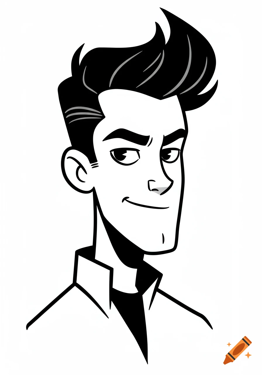 Black and white cartoon portrait of a man with a cowlick hairstyle.