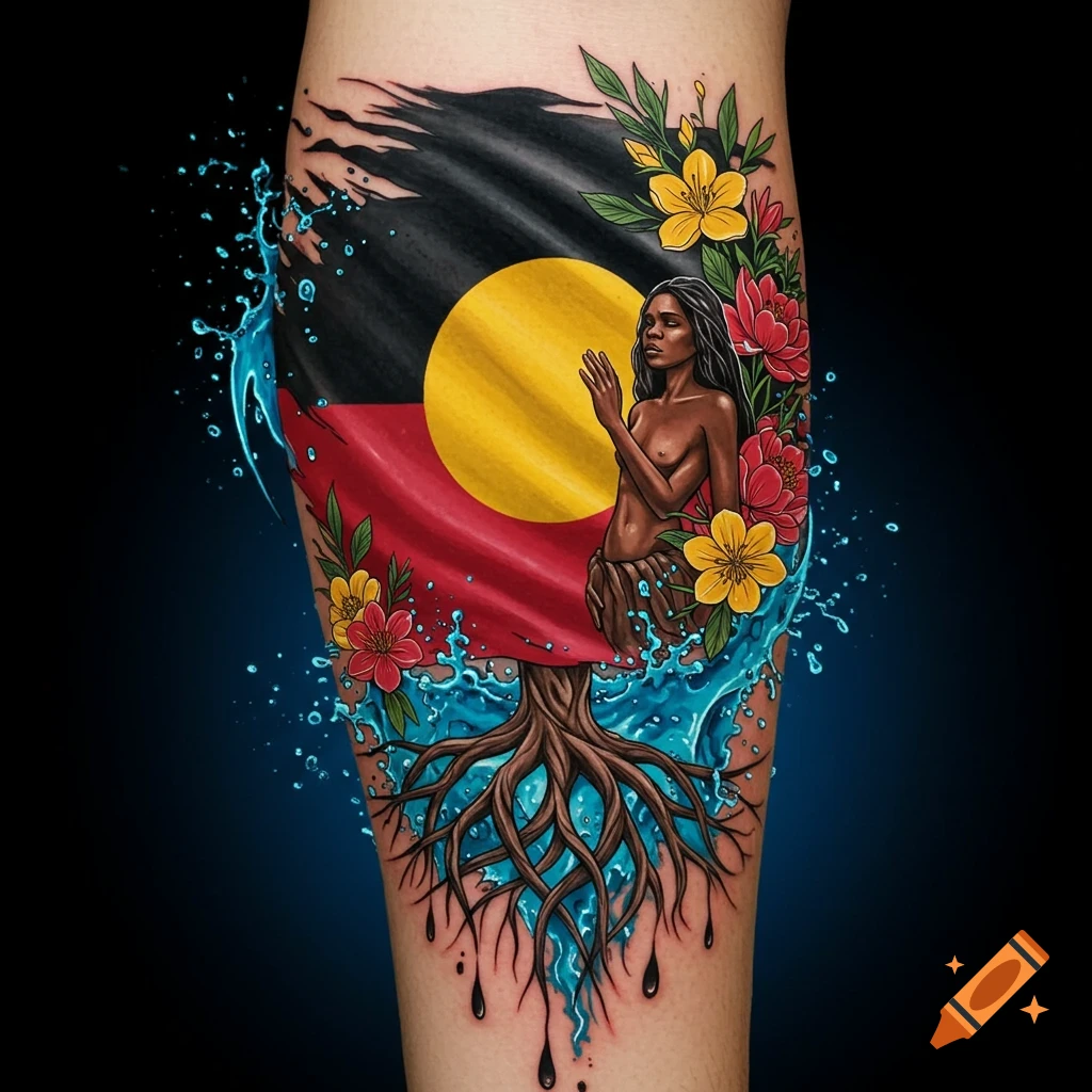 A vibrant tattoo design showing an Aboriginal woman with bare breasts emerging from an Aboriginal flag, surrounded by roots, flowers, and splashing water.