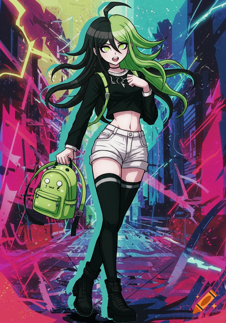 Anime girl with split black/neon green hair, black crop top, white shorts, and green backpack, in Danganronpa style.