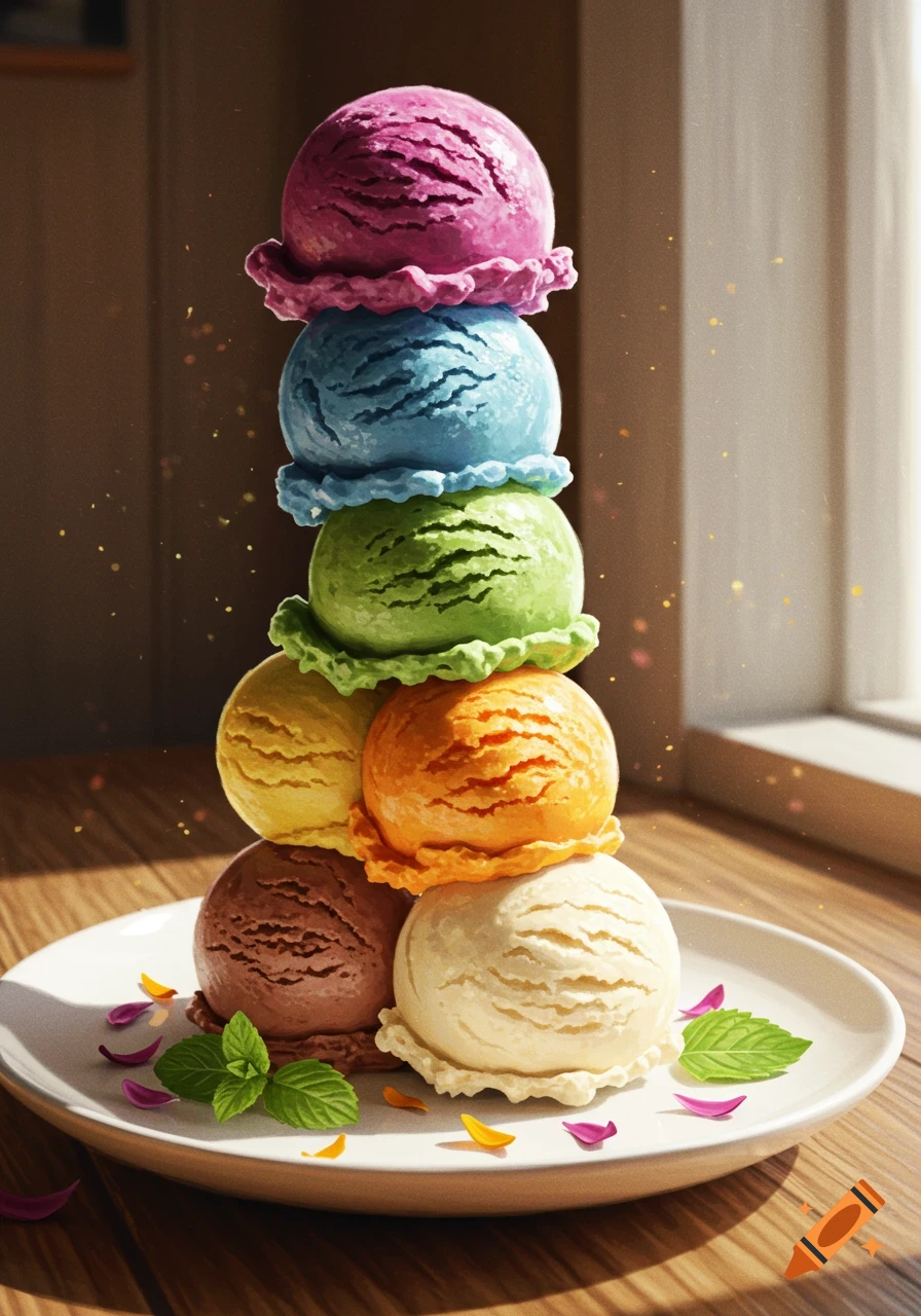 A tall stack of seven colorful photorealistic ice cream scoops on a white plate with mint leaves and flower petals.