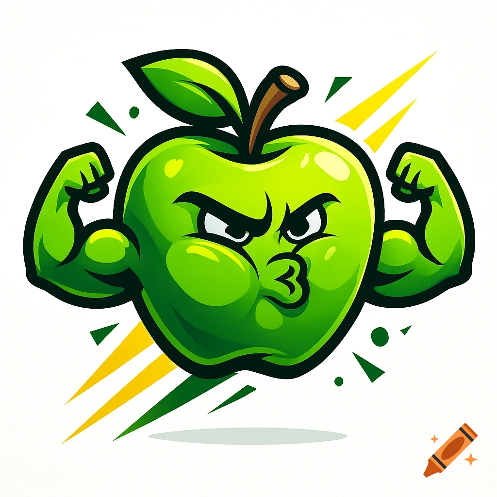 Cartoon green apple character with muscular arms, a scowling puckered face, and dynamic green and yellow background elements.