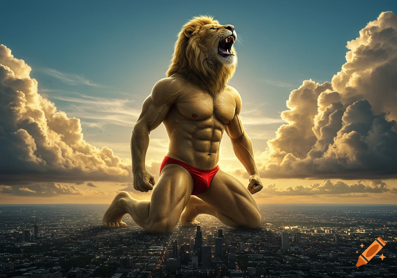 Gigantic, muscular anthropomorphic lion in red speedo roaring as it kneels over a vast city beneath a dramatic sunset sky.