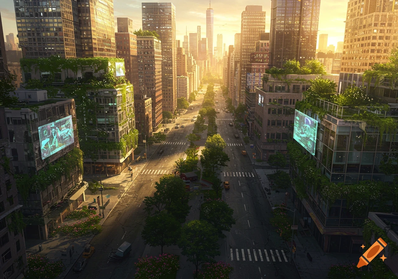 Abandoned, overgrown New York City street at sunset with buildings covered in plants and glowing screens, and empty roads.