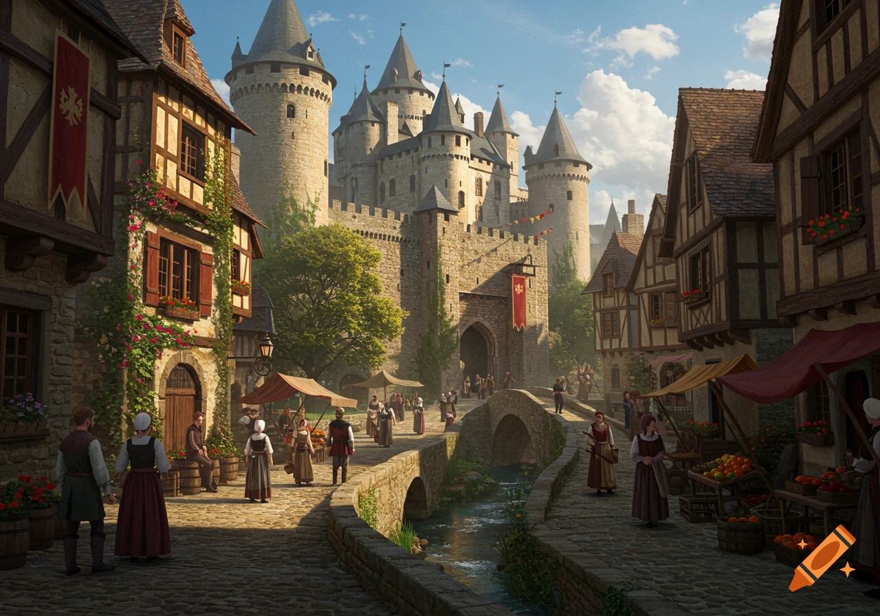 A bustling medieval village with a grand stone castle in the background, featuring timber-framed houses, market stalls, and a bridge over a stream.