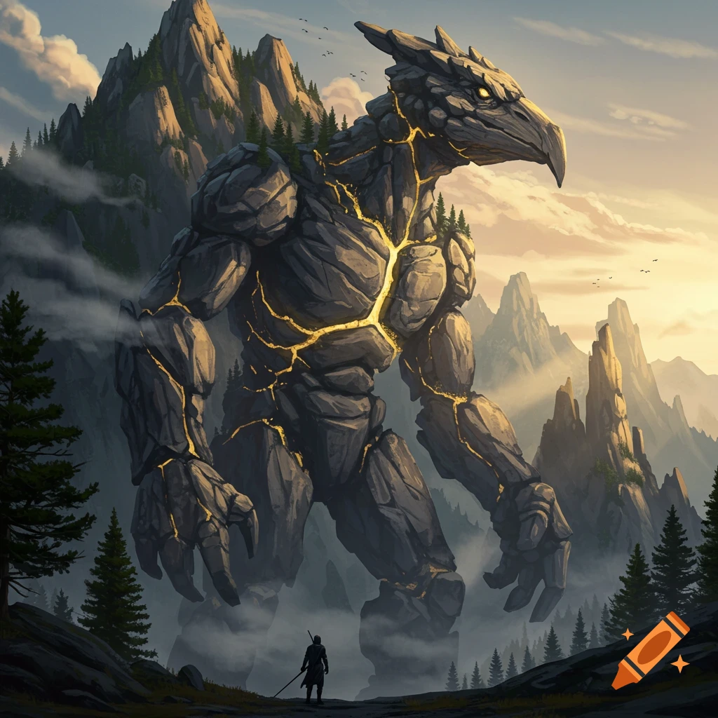 A gigantic rock monster with glowing gold cracks and an avian head stands in a foggy mountain landscape, observed by a small silhouetted figure.