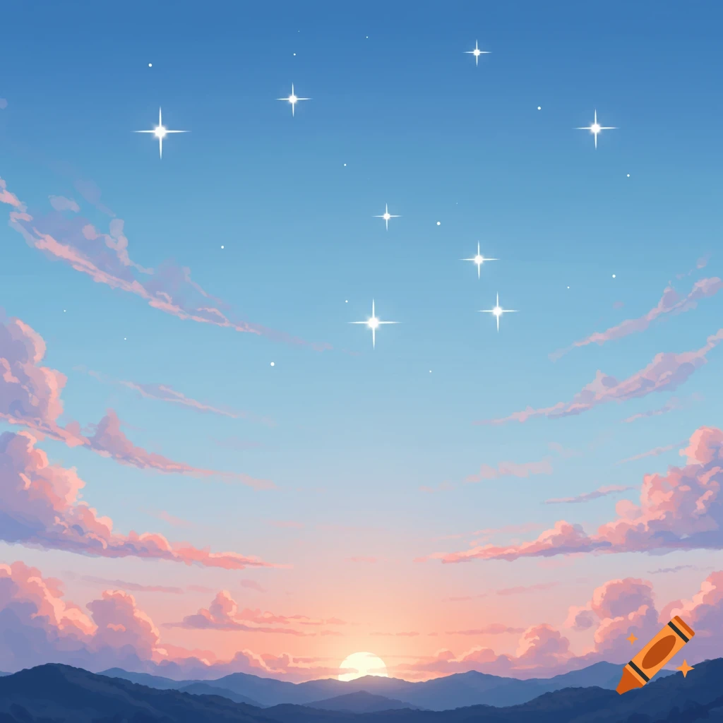 A stylized digital painting of a serene dawn sky with soft pink clouds, distant blue mountains, and shining white stars.