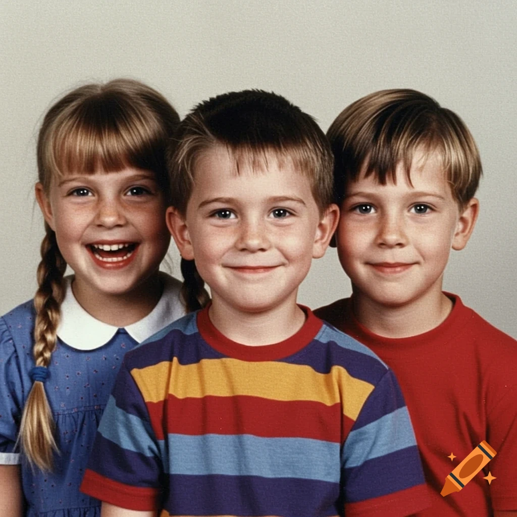 A portrait of three smiling young children against a plain background, similar to a school yearbook photo.
