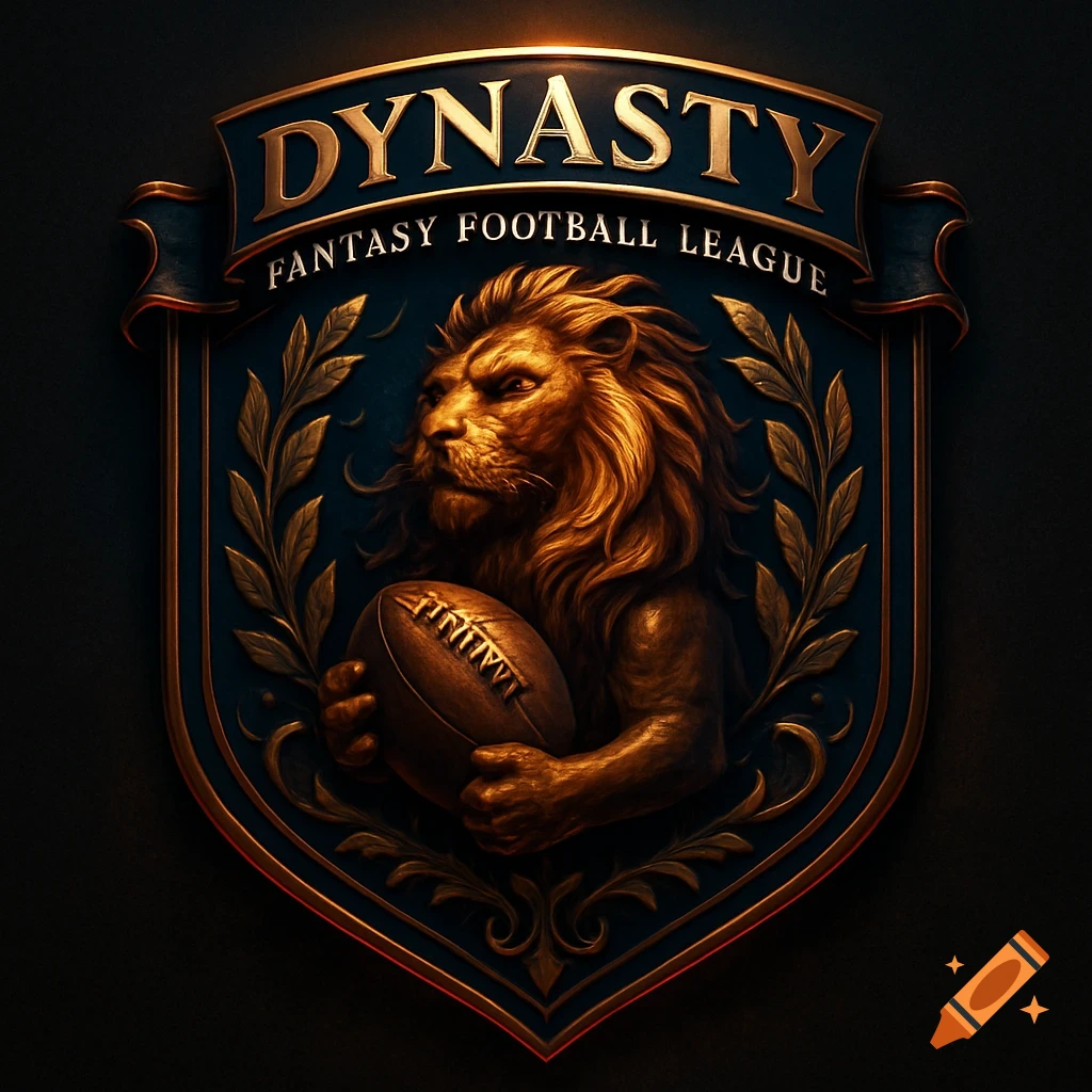 A gold and blue shield logo featuring a regal lion holding a football, with the text 'DYNASTY FANTASY FOOTBALL LEAGUE' in gold letters.