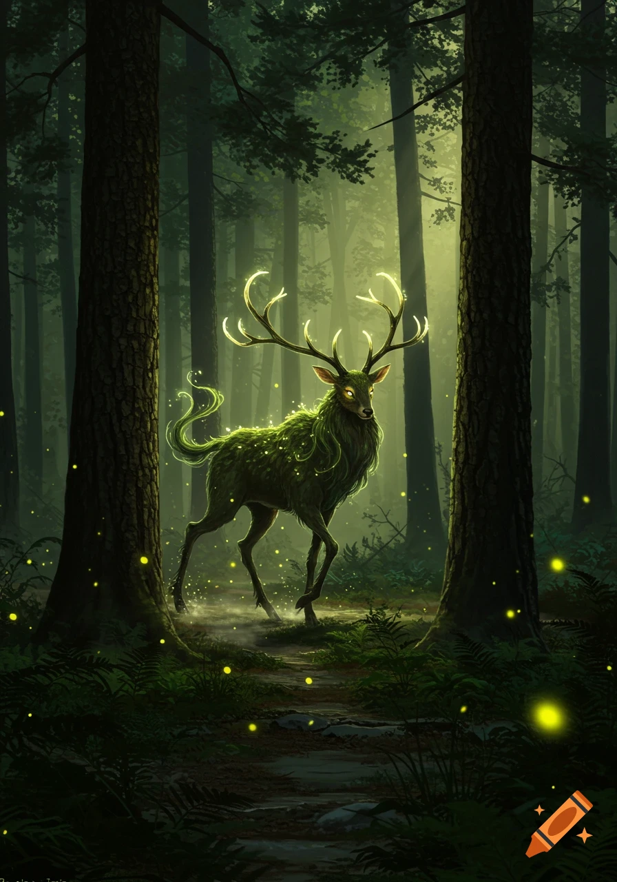 A glowing, moss-covered deer-like creature with luminous antlers walks on a forest path, surrounded by fireflies and mystical light. Stylized digital art.
