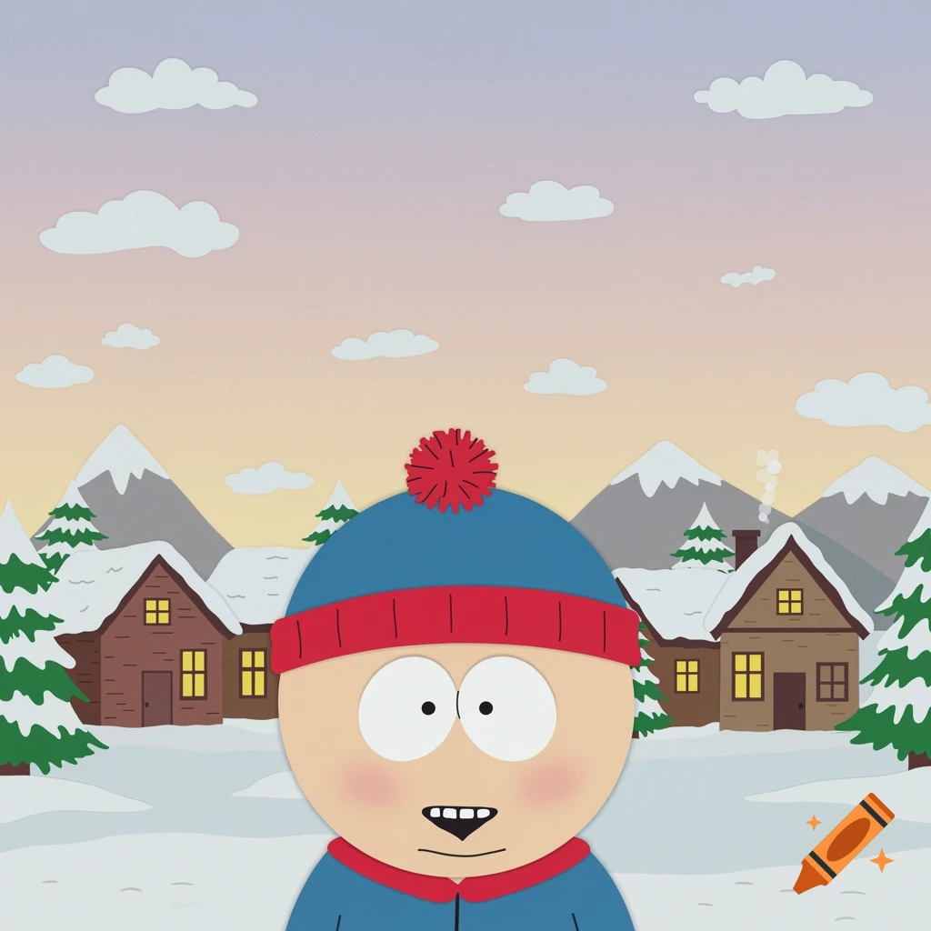 A South Park 2D-style character, wearing a blue and red winter hat, smiles in a snowy village with mountains and houses.