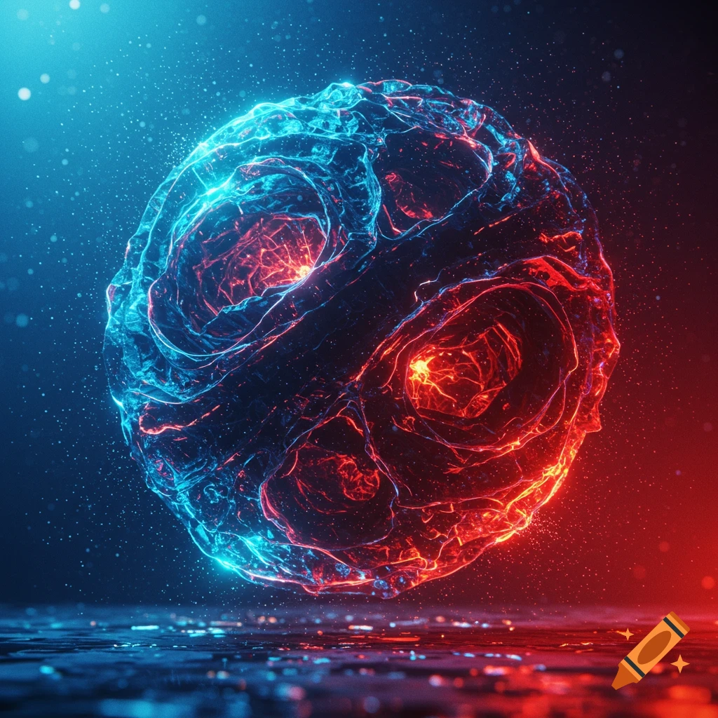 Abstract glowing sphere with intricate textures, split between neon blue and red light, surrounded by particles, on a reflective dark surface.