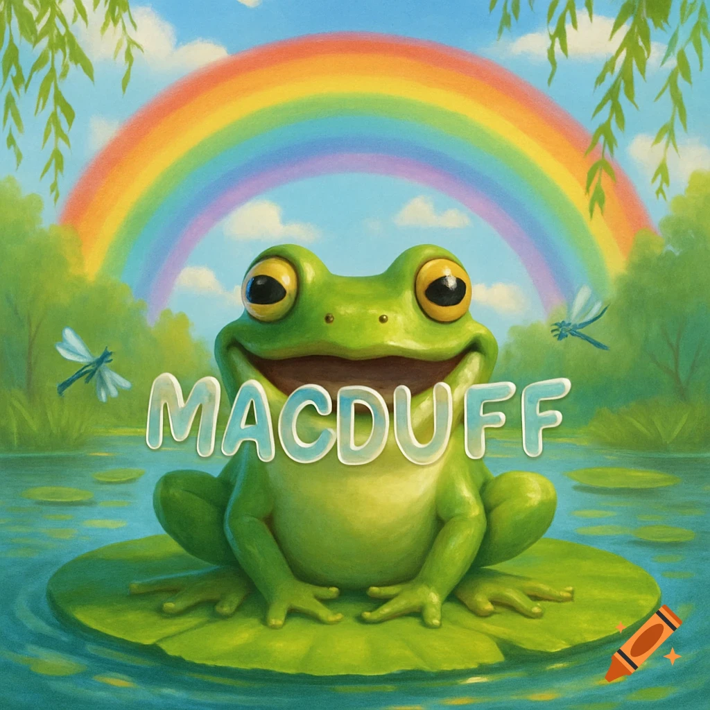A happy, cartoon-style frog sits on a lily pad with the word 'MACDUFF' in front of its mouth. A rainbow is in the blue sky.