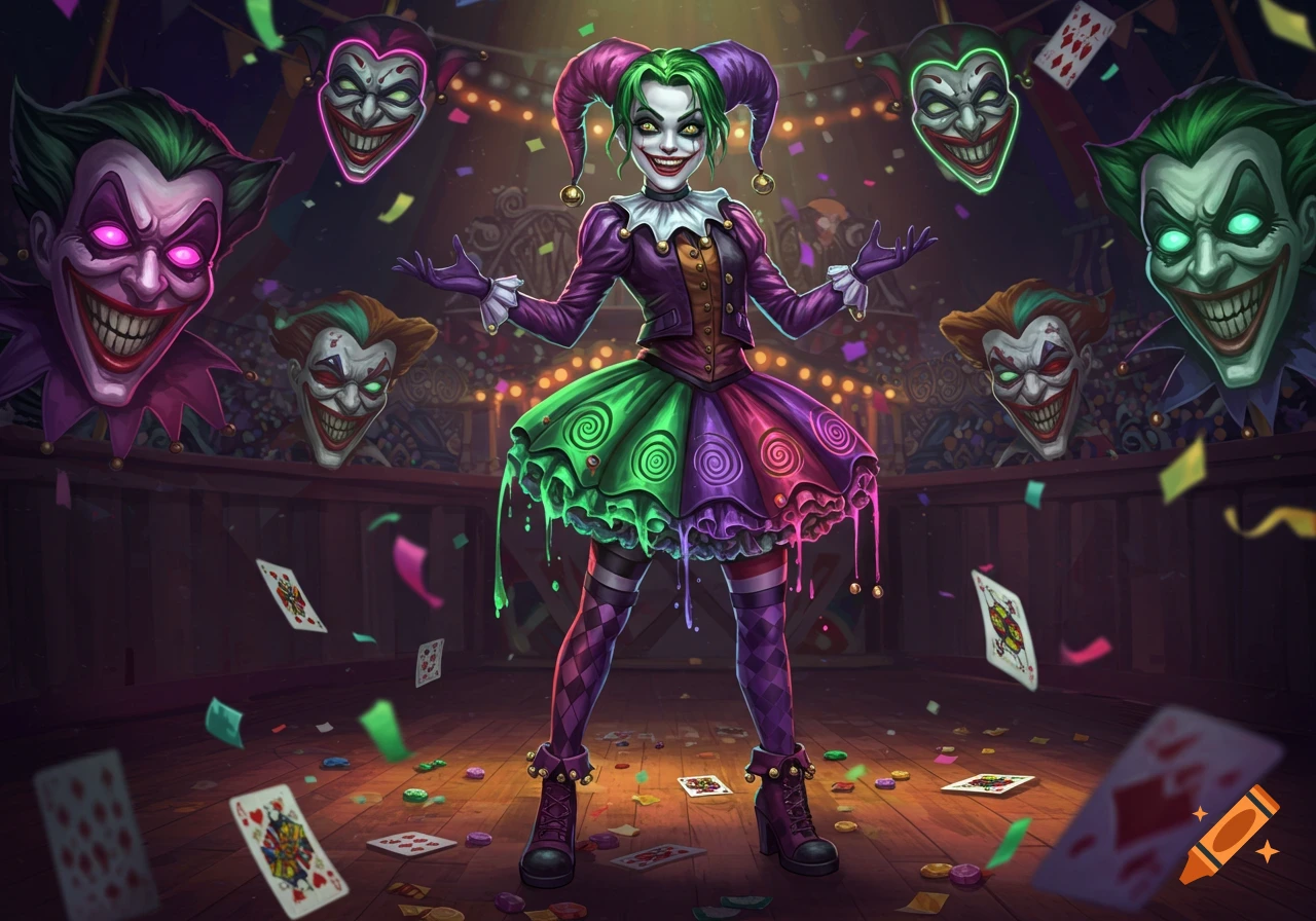 Creepy female jester in vibrant purple and green stands in a circus, surrounded by floating joker faces, confetti, and playing cards.