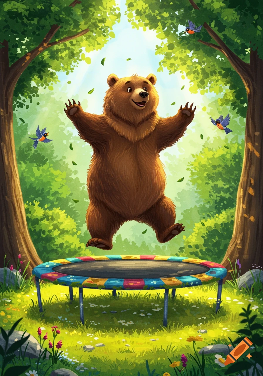 A happy cartoon bear jumps high on a colorful trampoline in a bright, lush forest, with leaves and small birds in the air.