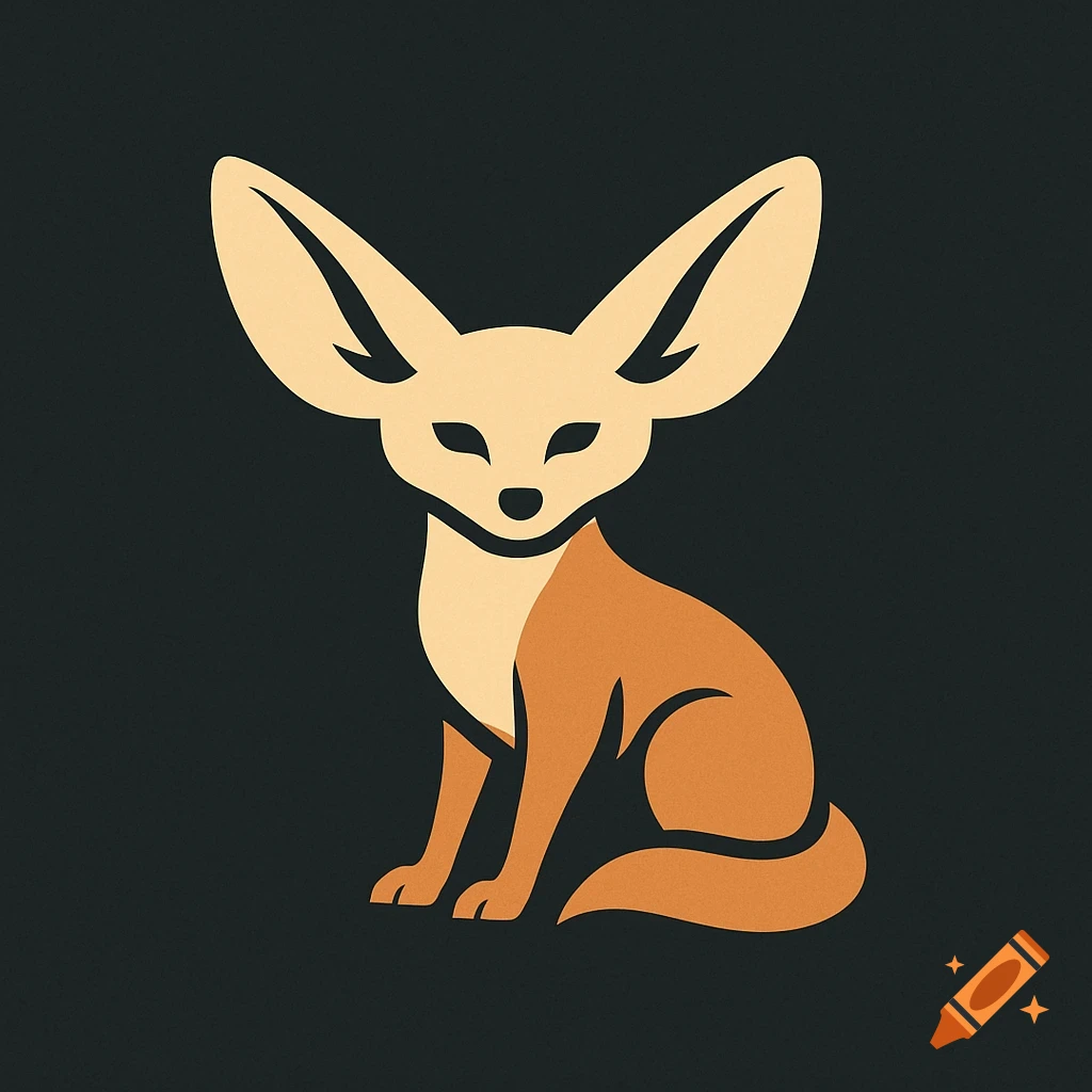 A stylized fennec fox logo with large ears, in shades of brown and beige, on a dark background.